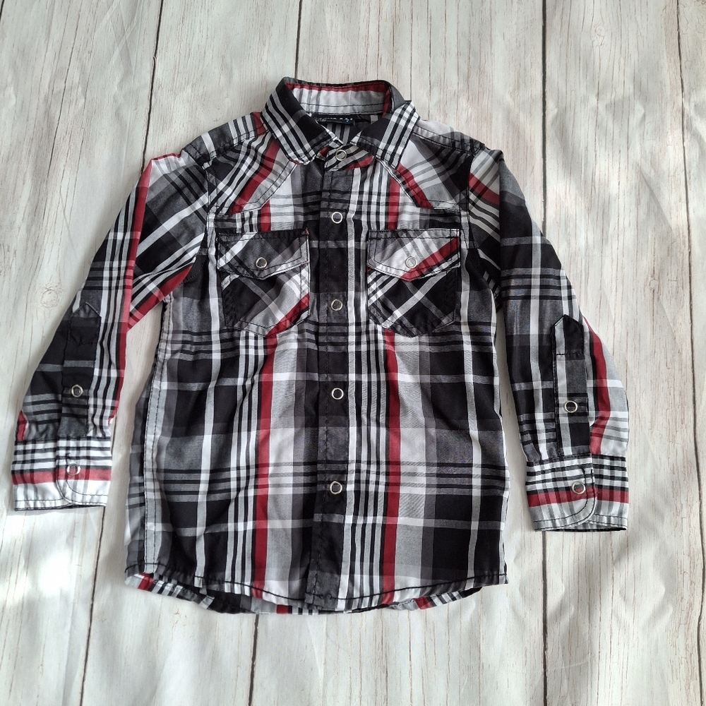Urban Vintage 2T Black Red Plaid Button Up Collared Shirt Long Sleeve Western